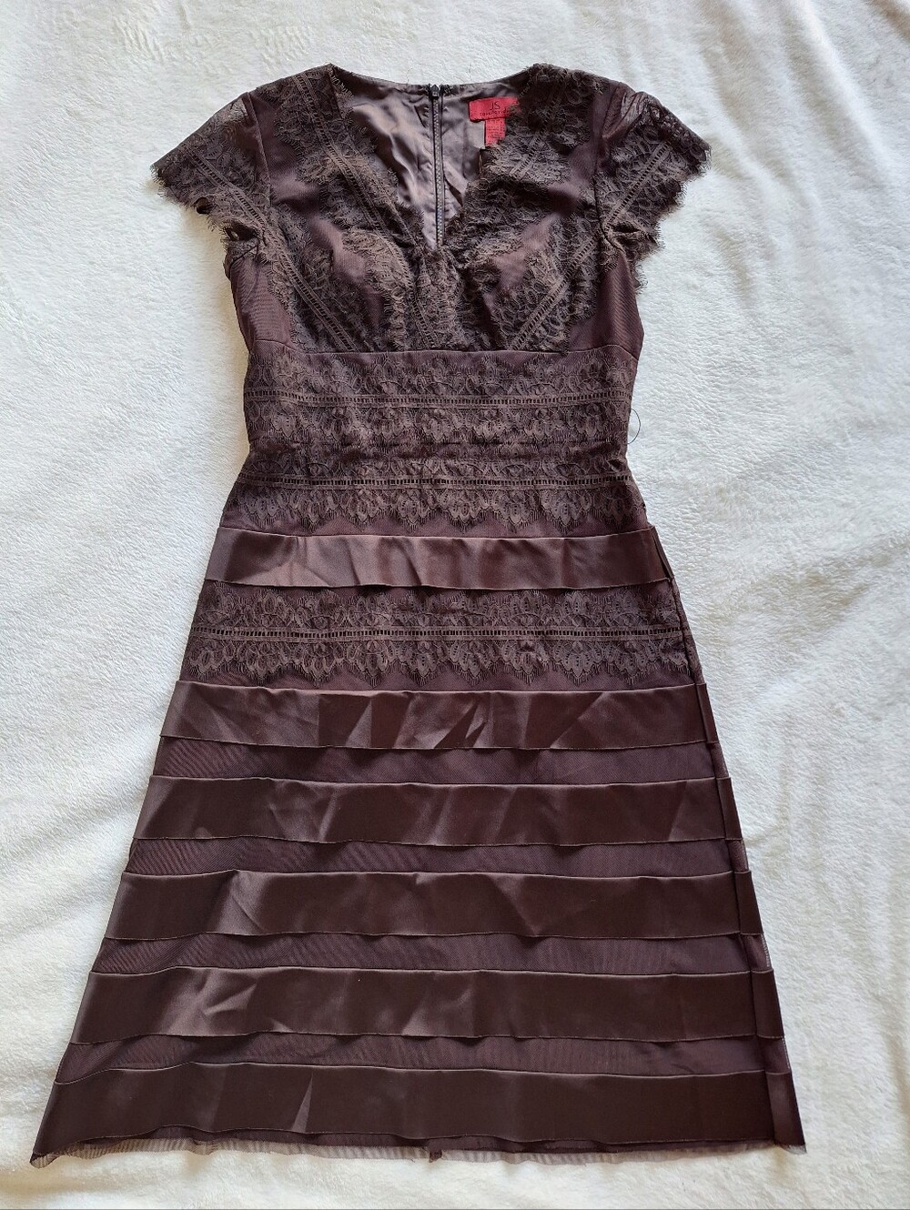 JS Collections Lace Satin Tiered Cocktail Dress Chocolate Brown Wedding Guest 8